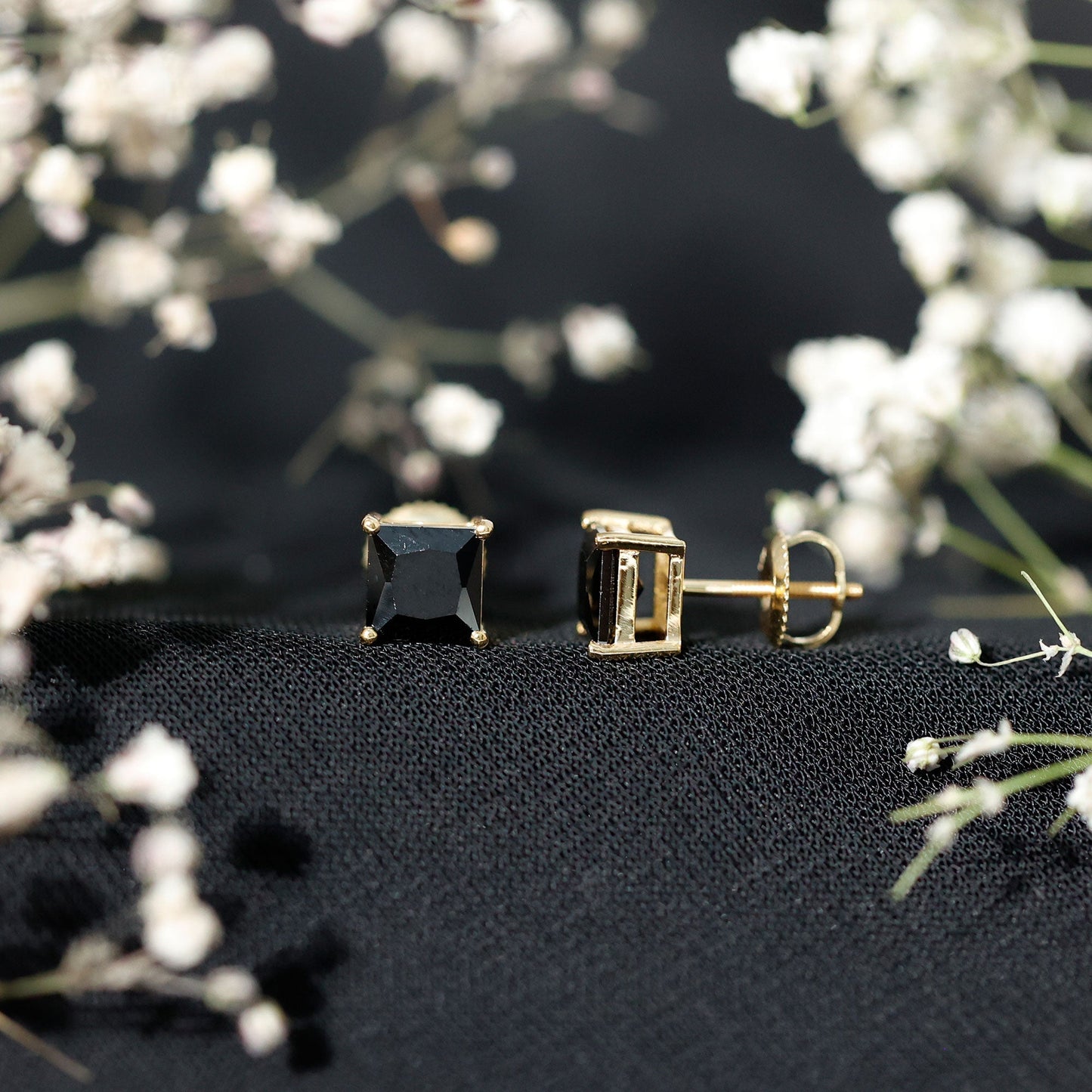 Natural Black Onyx Princess Cut Earrings with Screw Back