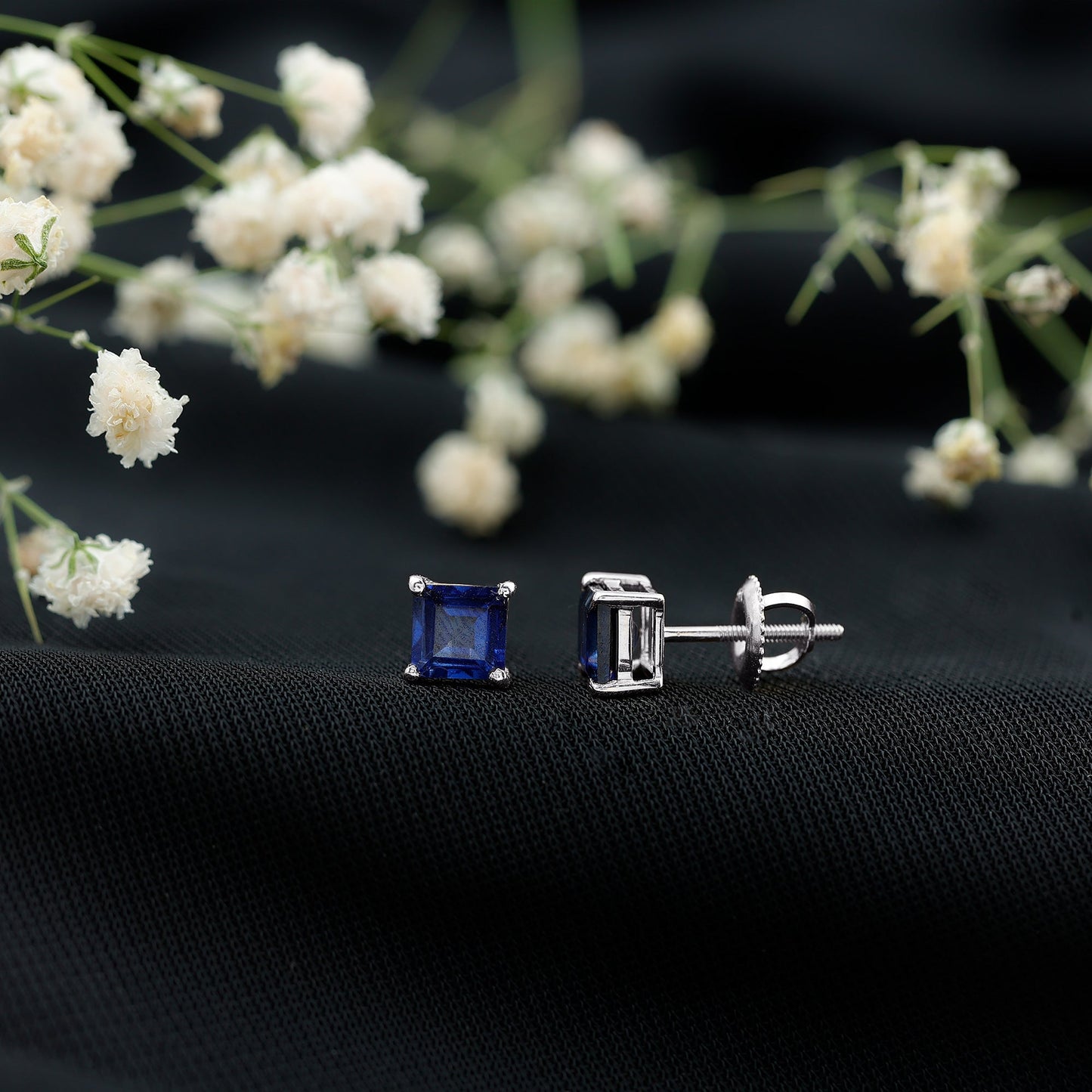 1.4 Carat Princess Cut Lab Created Blue Sapphire Solitaire Stud Earrings