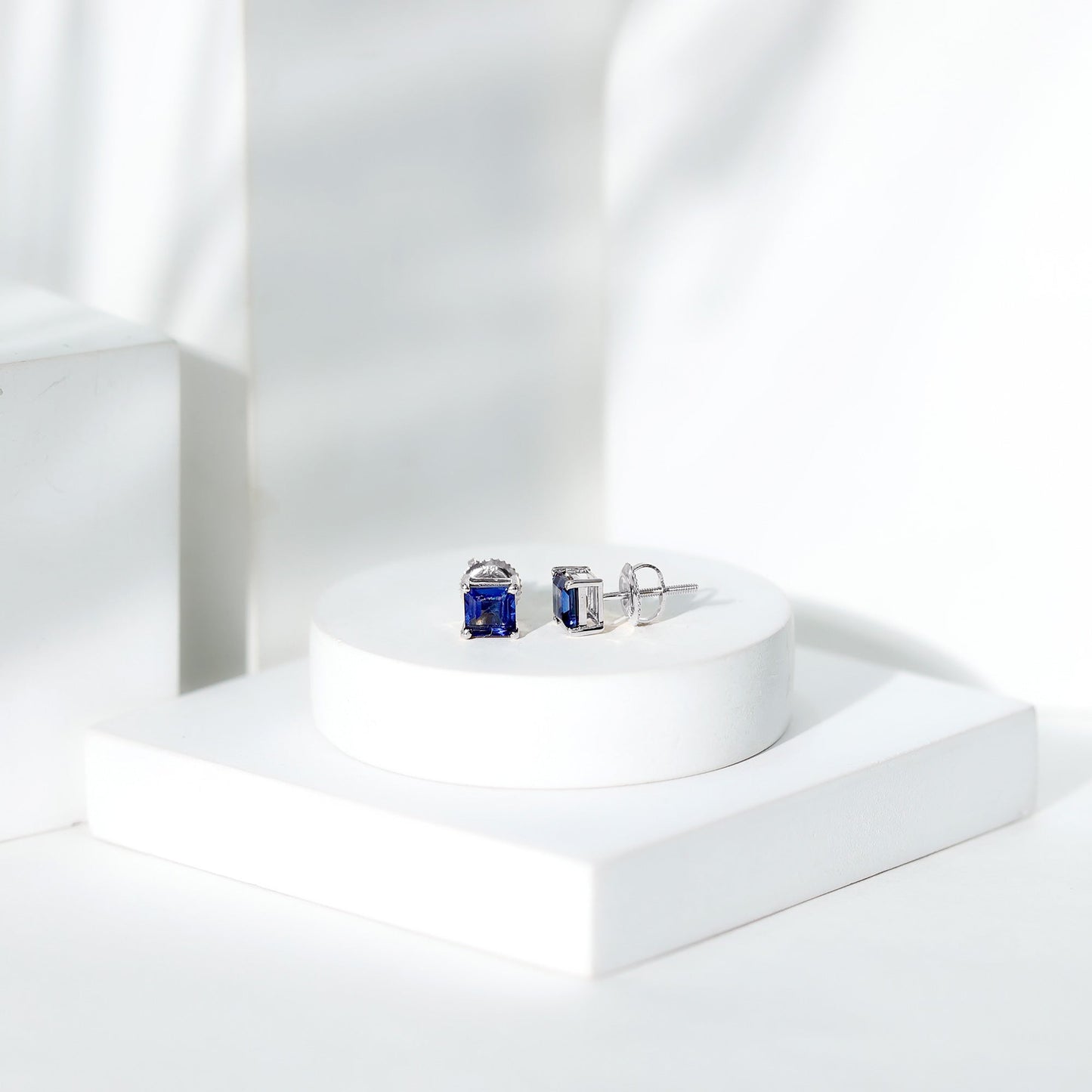 1.4 Carat Princess Cut Lab Created Blue Sapphire Solitaire Stud Earrings
