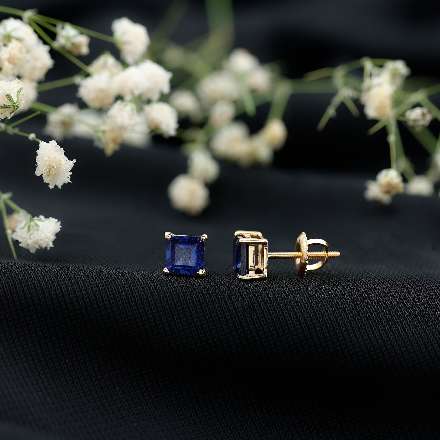 1.4 Carat Princess Cut Lab Created Blue Sapphire Solitaire Stud Earrings