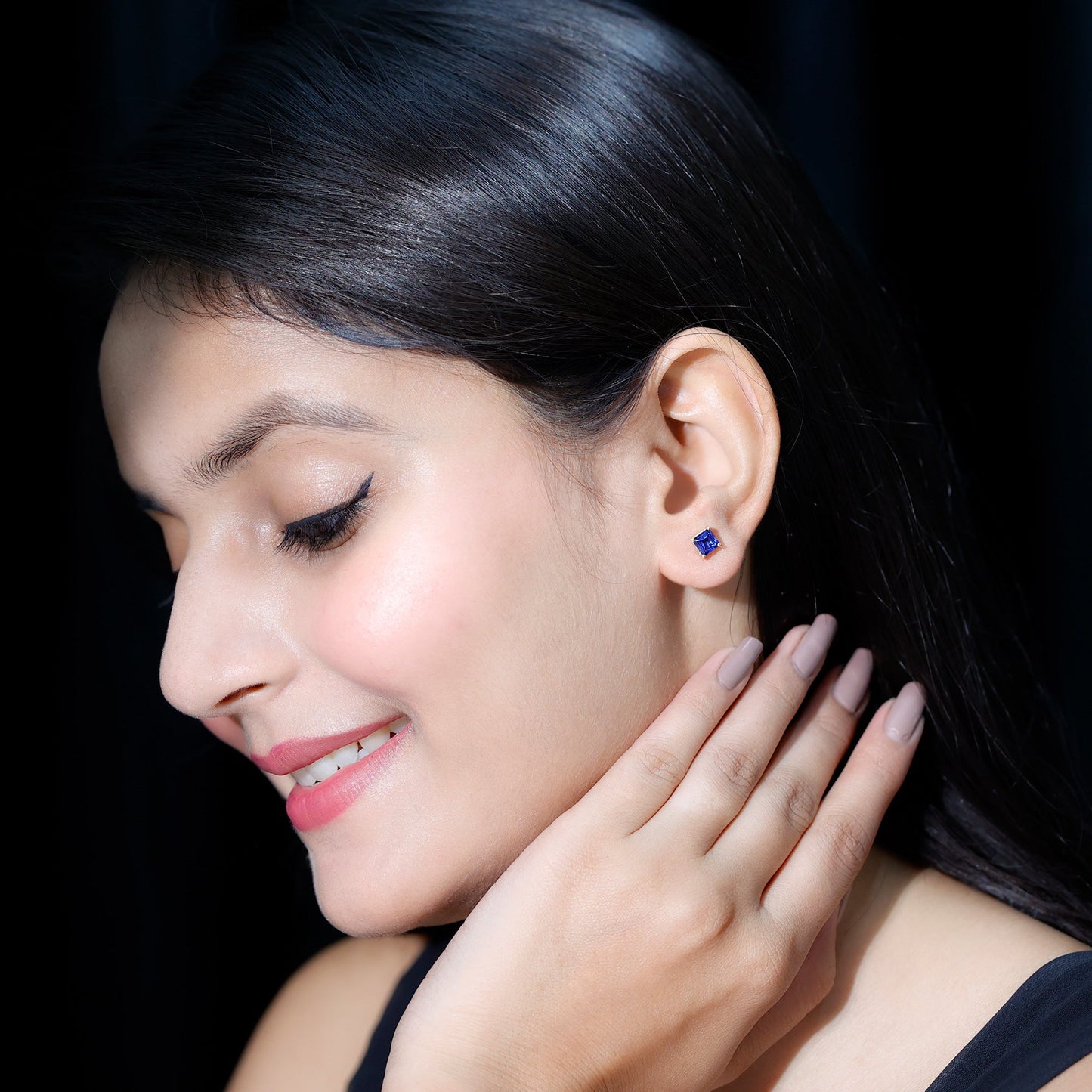 1.4 Carat Princess Cut Lab Created Blue Sapphire Solitaire Stud Earrings