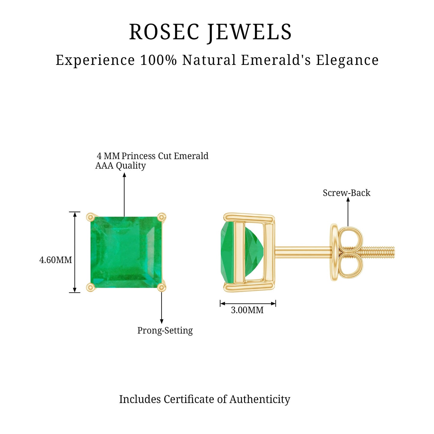 Princess Cut Natural Emerald Solitaire Stud Earrings