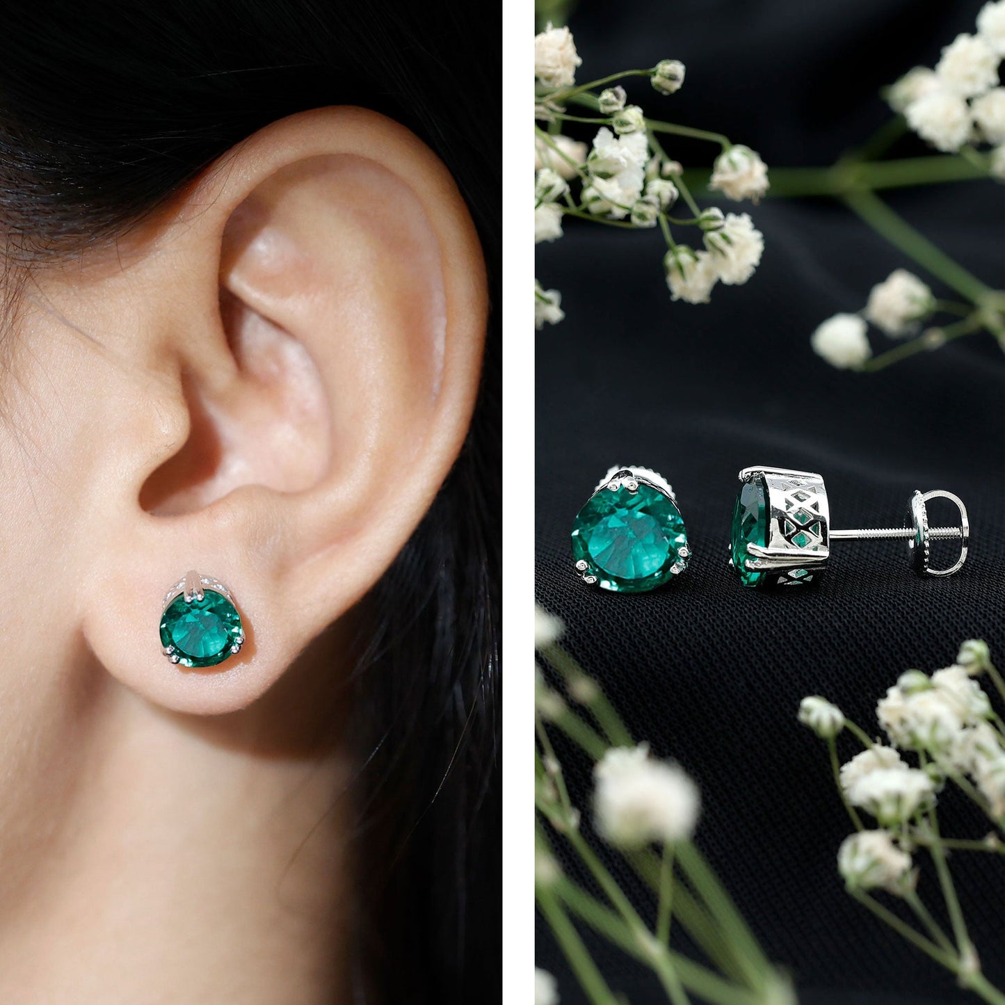 4.3 Carat Lab Created Emerald Solitaire Stud Earrings in Double Claw Setting
