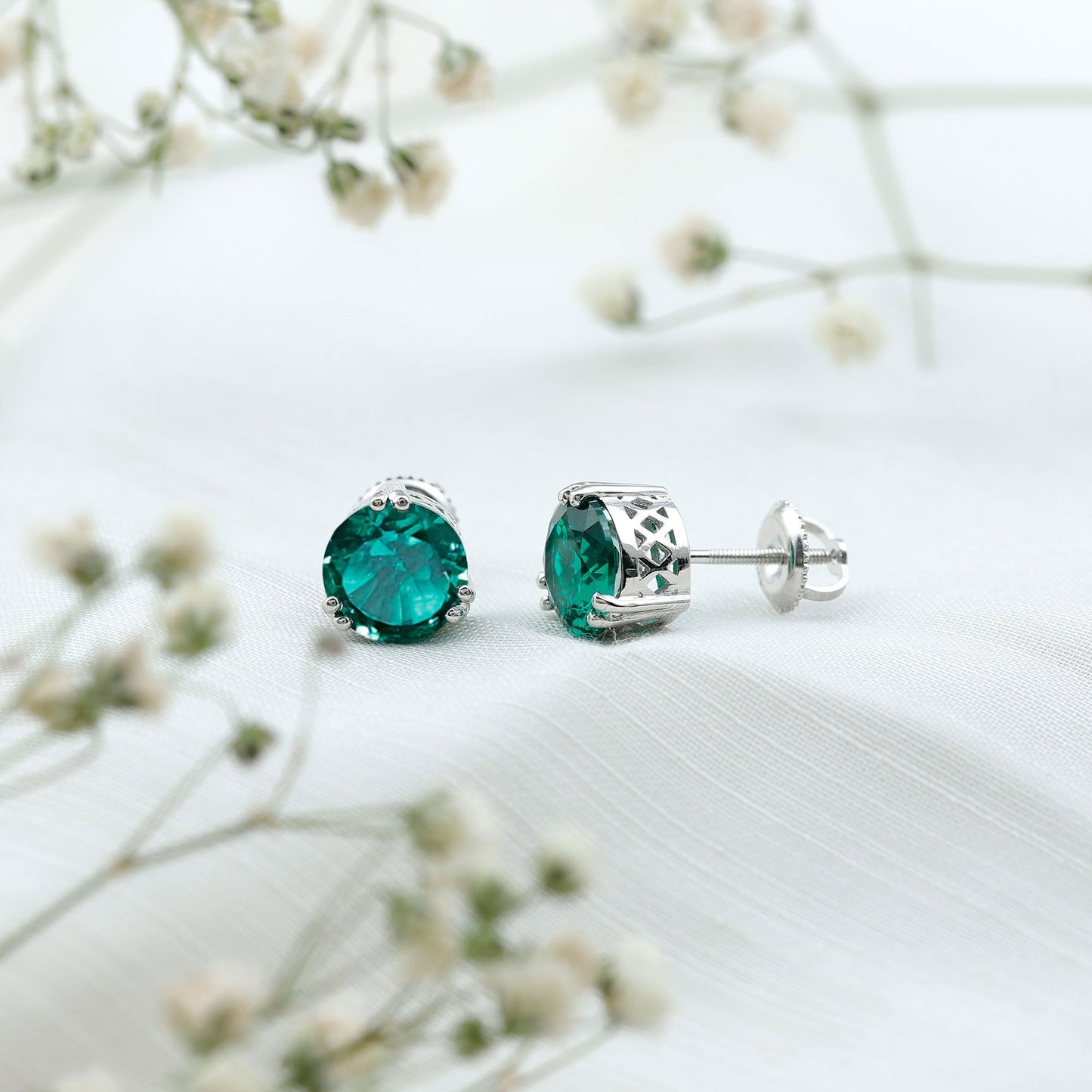 4.3 Carat Lab Created Emerald Solitaire Stud Earrings in Double Claw Setting