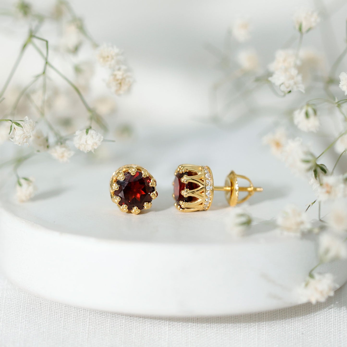Natural 3.4 Carat Garnet Crown Earrings in Yellow Gold Plated Silver