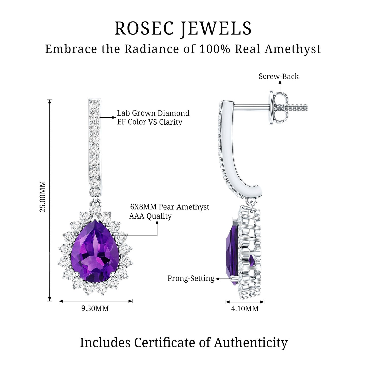Natural Amethyst Bridal Earrings with Diamond Halo