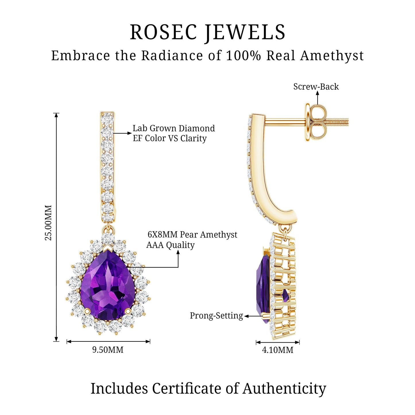 Natural Amethyst Bridal Earrings with Diamond Halo