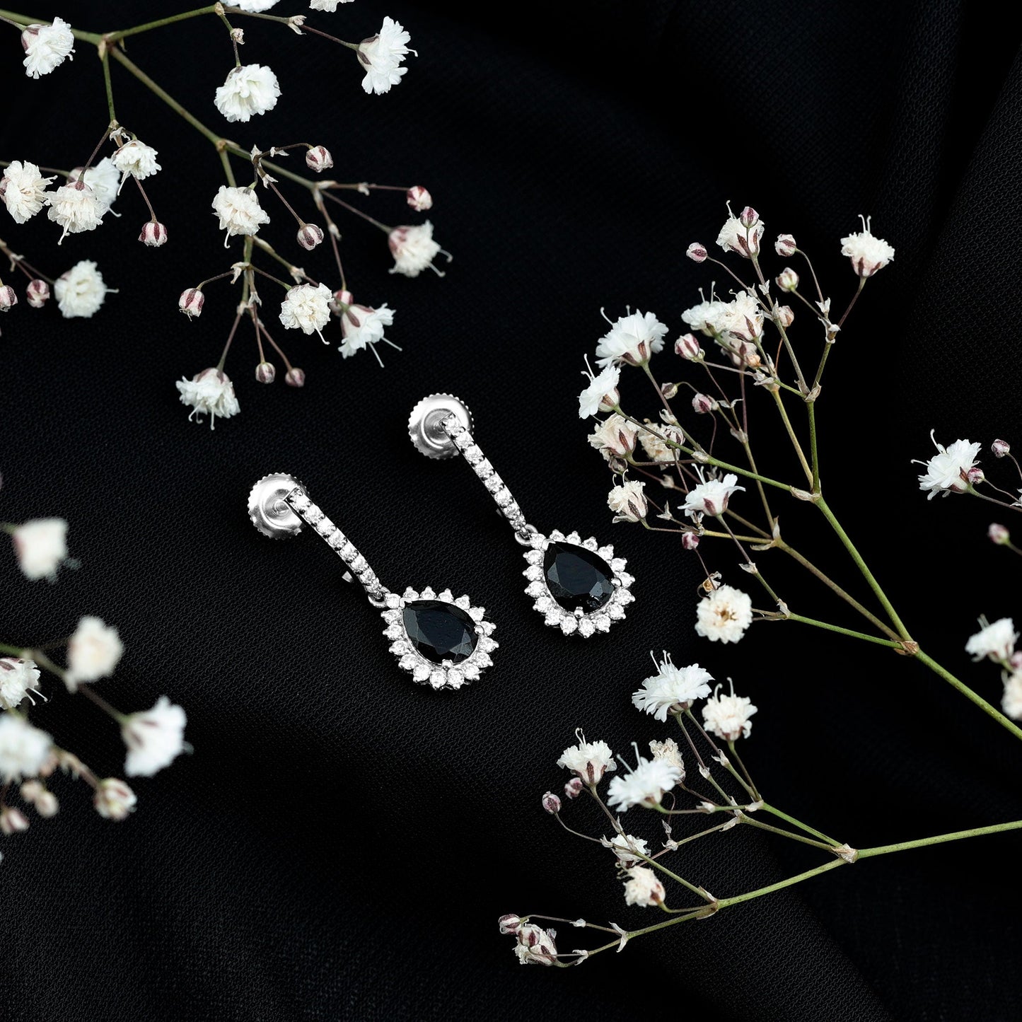 Black Onyx and Moissanite Bridal Teardrop Earrings