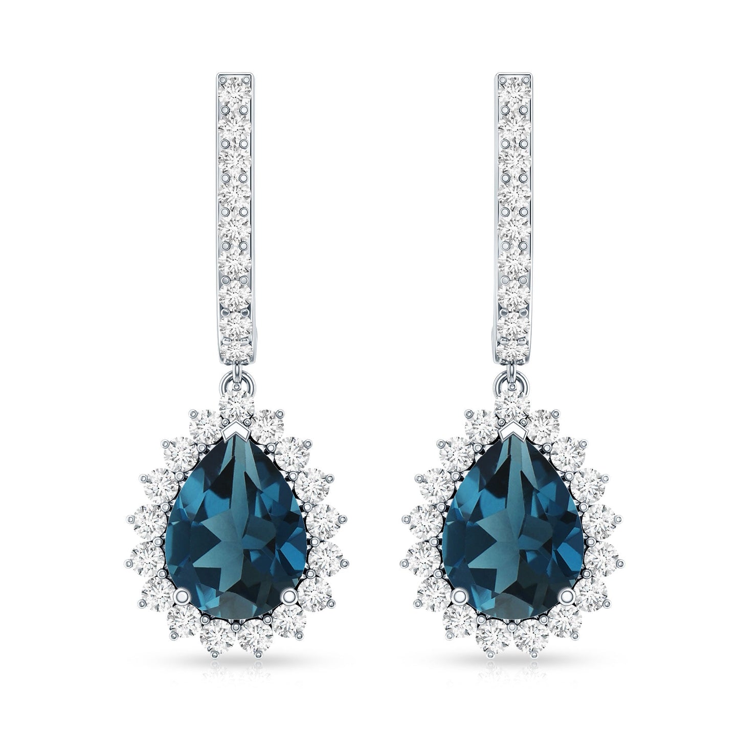 London Blue Topaz Teardrop Hoop Earrings with Diamond Halo