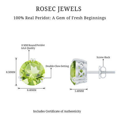 Natural 4 Carat August Birthstone Peridot Stud Earrings with Screw Back