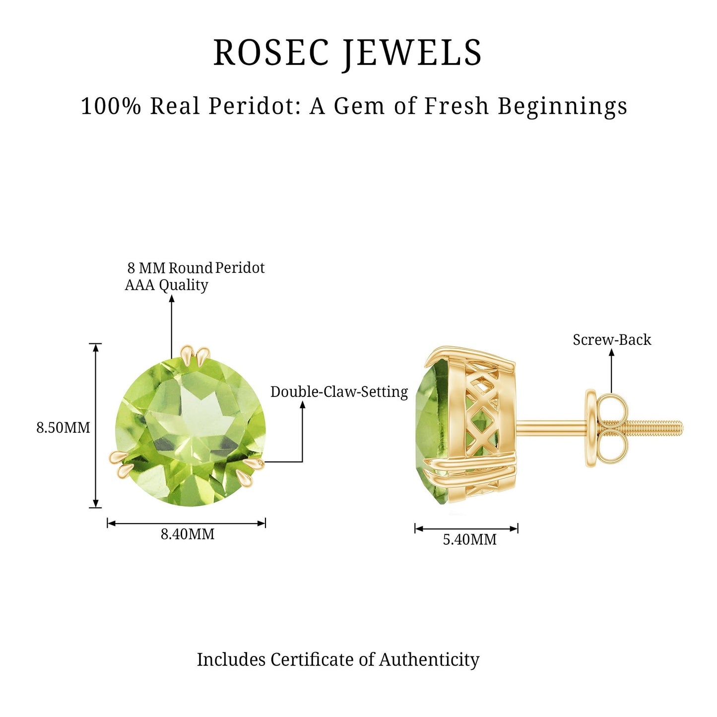 Natural 4 Carat August Birthstone Peridot Stud Earrings with Screw Back