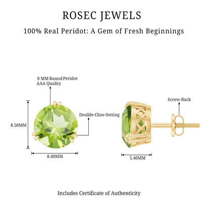 Natural 4 Carat August Birthstone Peridot Stud Earrings with Screw Back