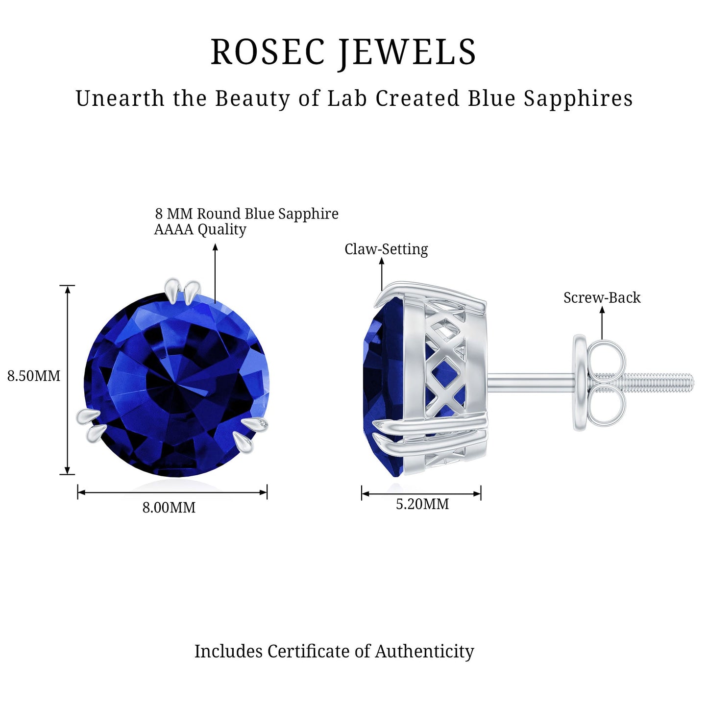 5.4 Carat Lab Created Blue Sapphire Solitaire Stud Earrings