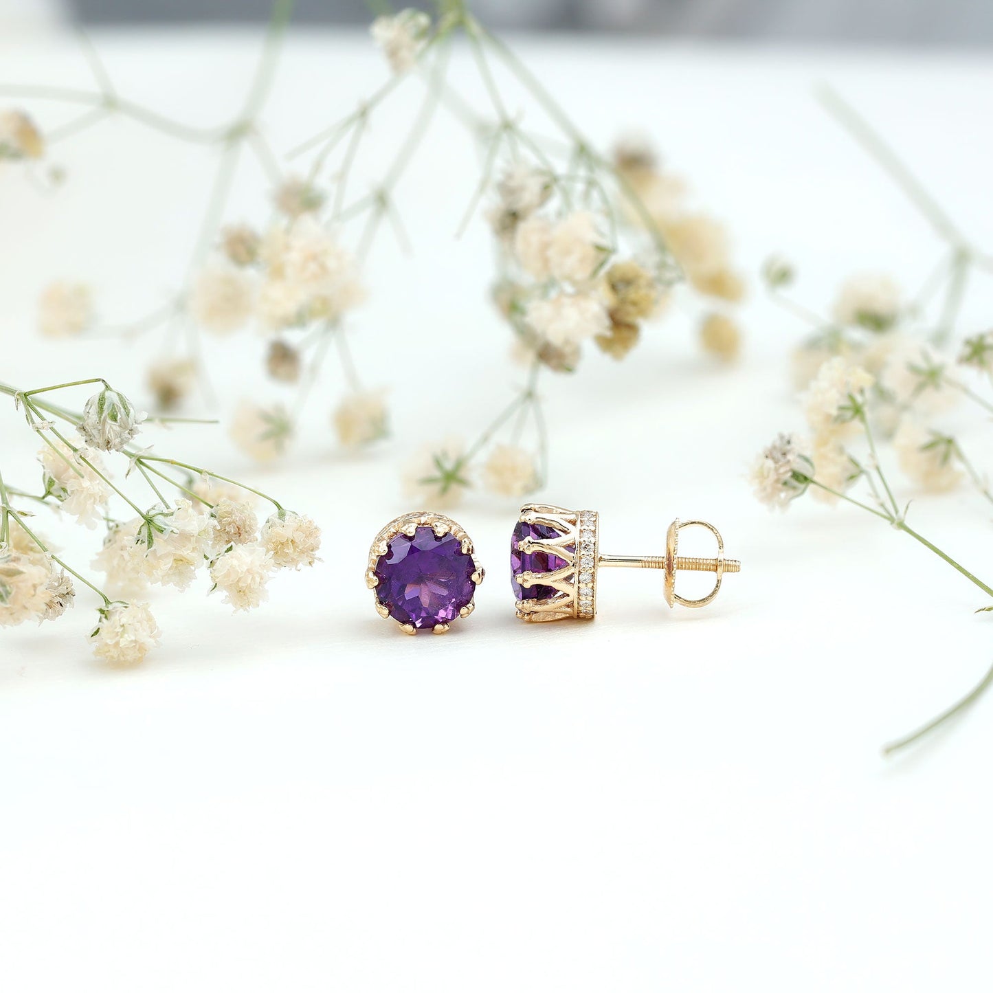 Natural Amethyst and Diamond Bridal Stud Earrings