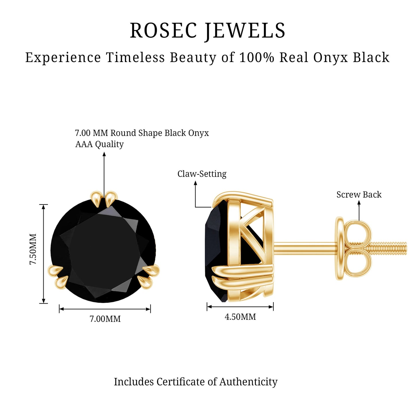 Black Onyx Solitaire Stud Earring in Claw Setting