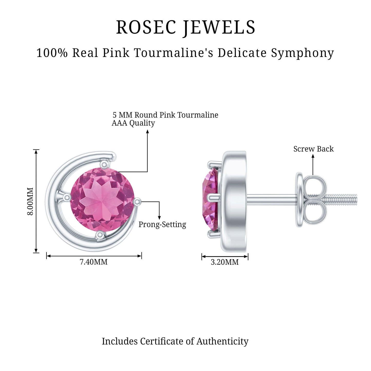 0.9 Carat Genuine Pink Tourmaline Solitaire Stud Earrings