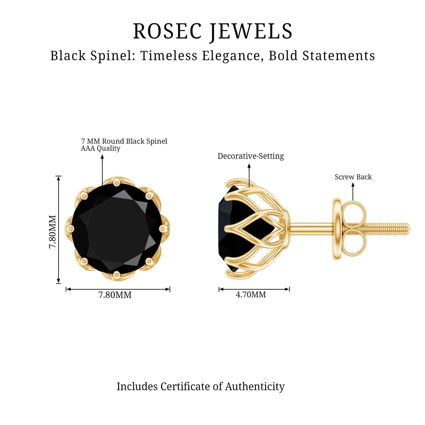 Genuine 3 Carat Black Spinel Stud Earrings with Screw Back