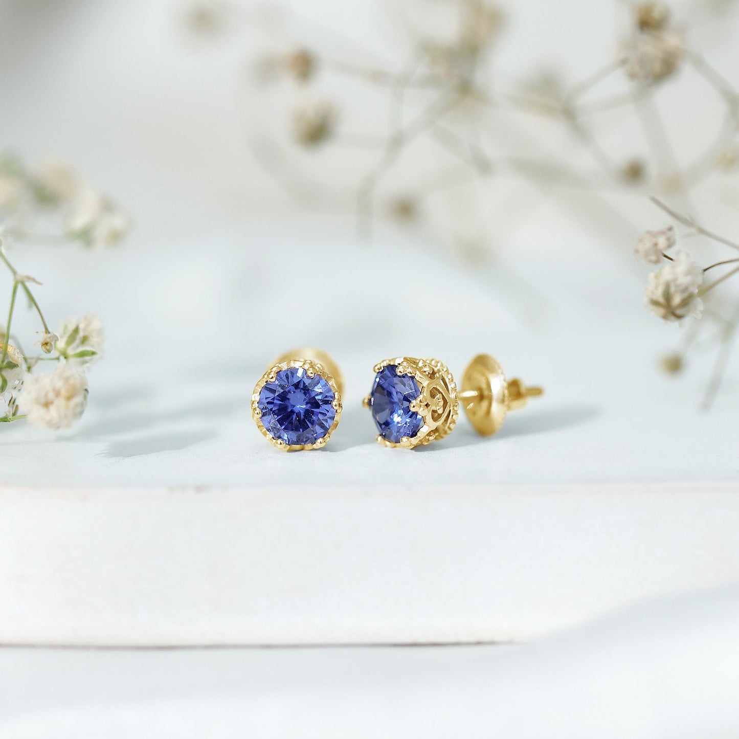 2 Carat Solitaire Lab Created Blue Sapphire Crown Stud Earrings