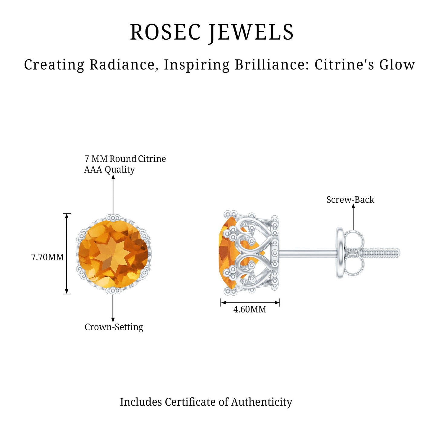 Certified Real 2.4 Carat Citrine Crown Earrings with Screw Back