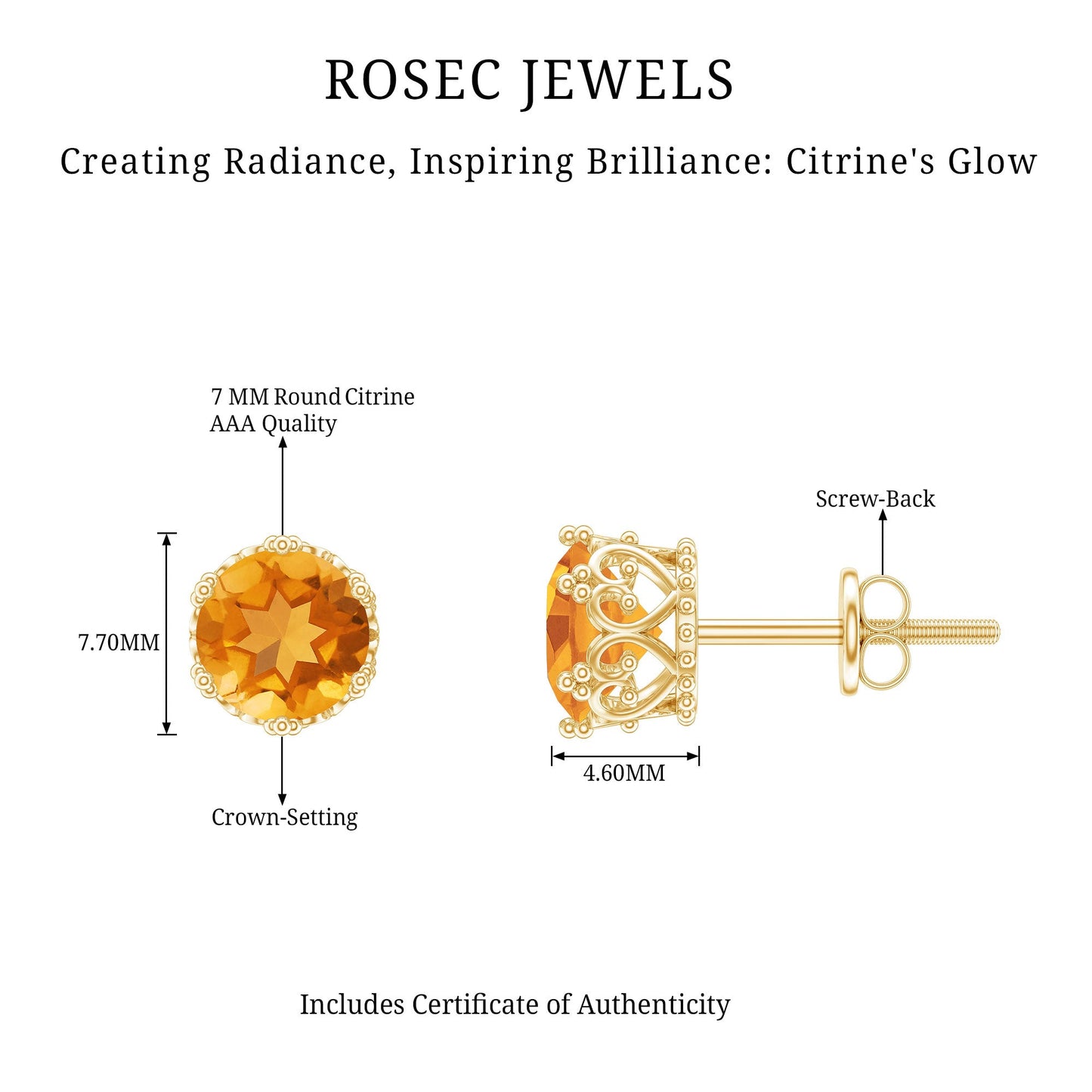 Certified Real 2.4 Carat Citrine Crown Earrings with Screw Back