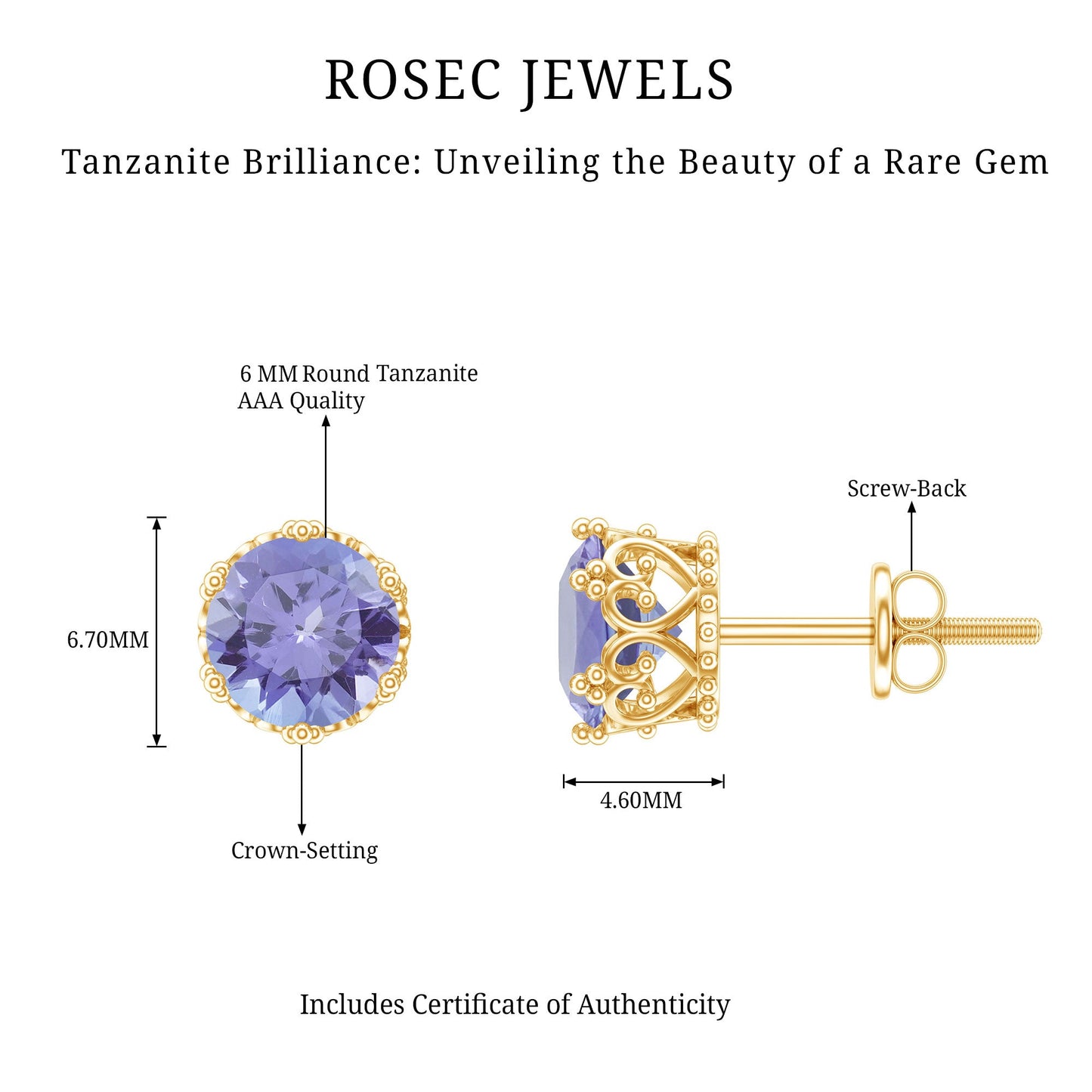 Natural 1.8 Carat Tanzanite Crown Stud Earrings with Screw Back