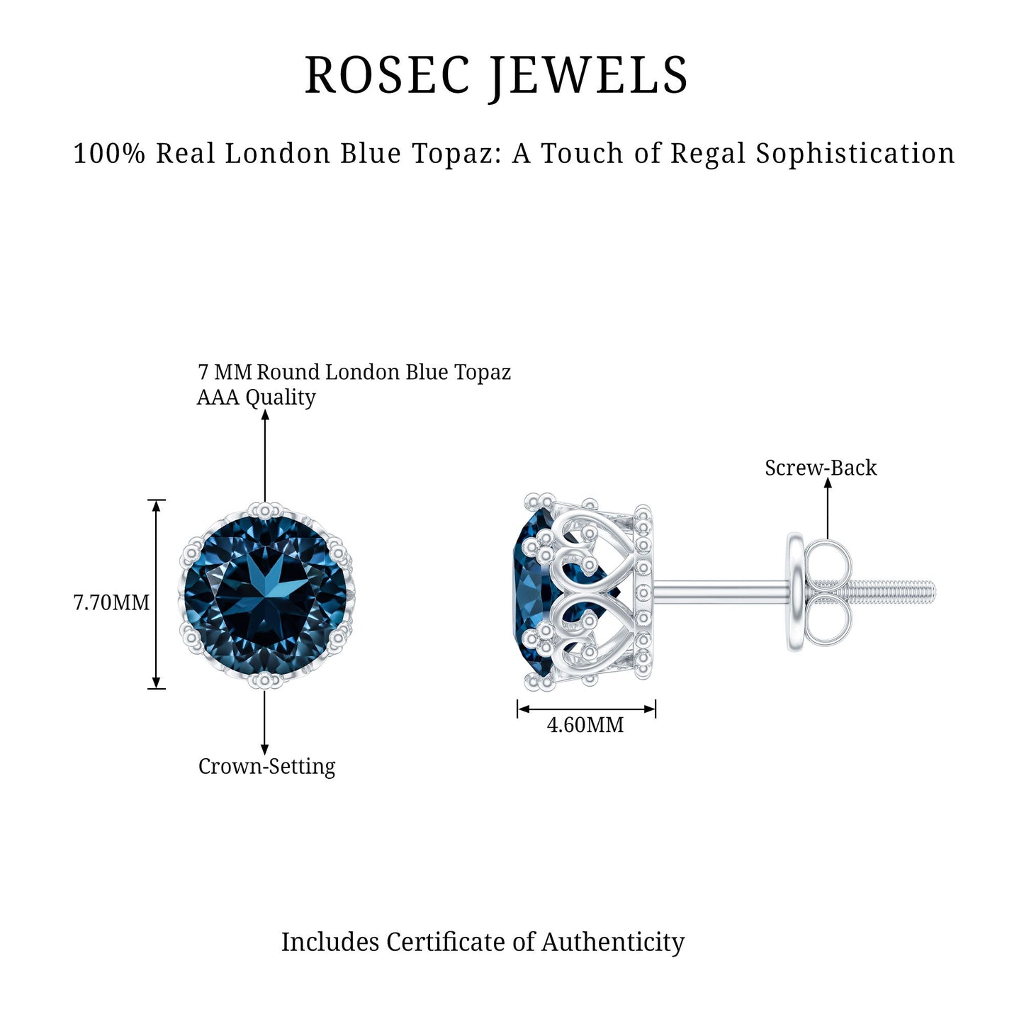 2.7 Carat Round Cut London Blue Topaz Crown Stud Earrings
