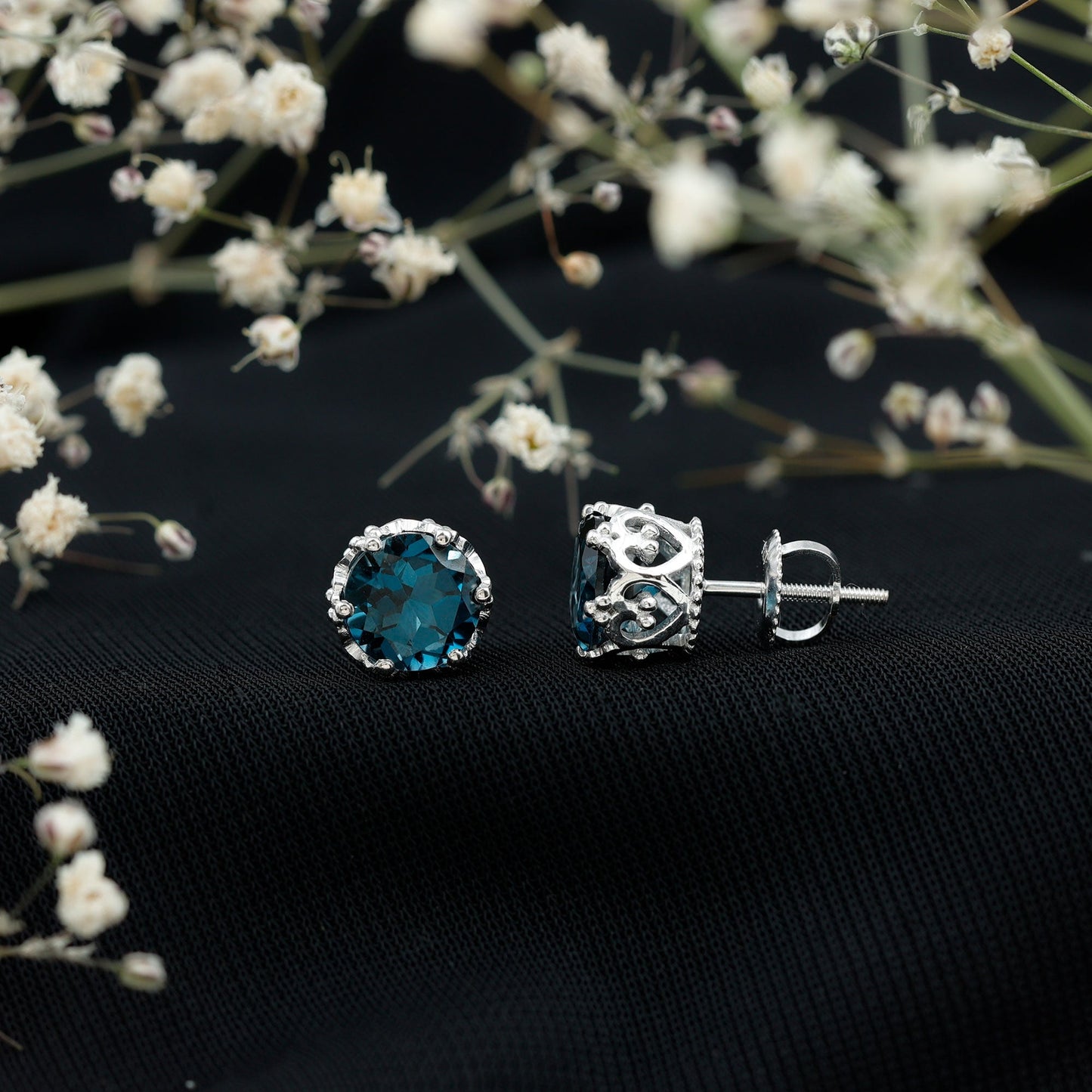 2.7 Carat Round Cut London Blue Topaz Crown Stud Earrings