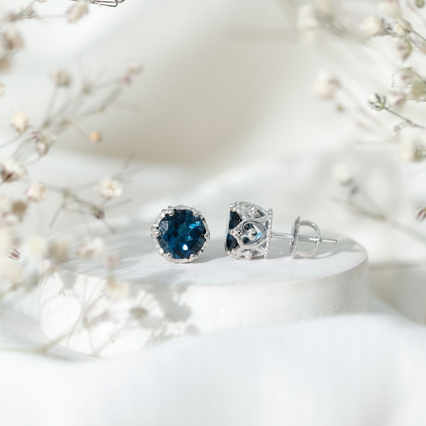 2.7 Carat Round Cut London Blue Topaz Crown Stud Earrings