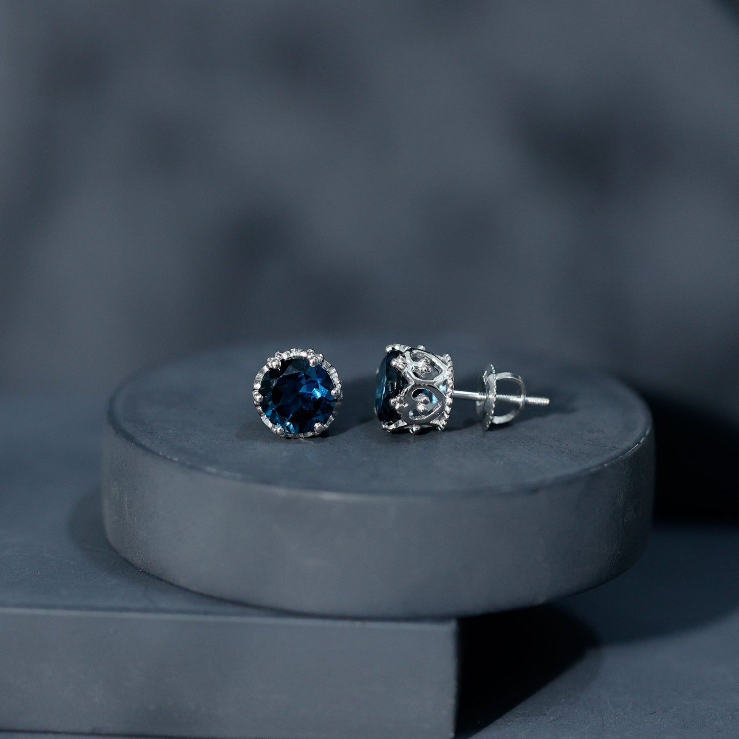 2.7 Carat Round Cut London Blue Topaz Crown Stud Earrings