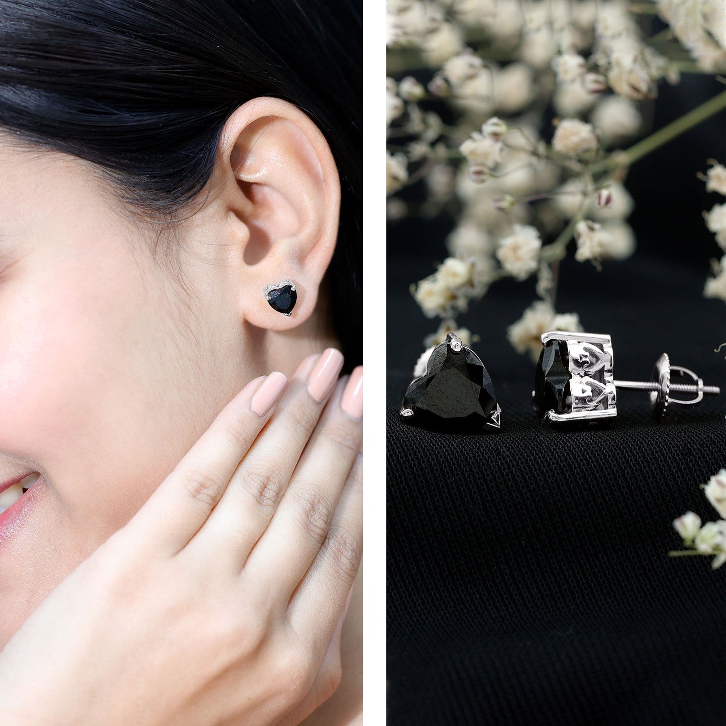 4.2 Carat Heart Shape Black Onyx Solitaire Stud Earrings in 3 Prong Setting
