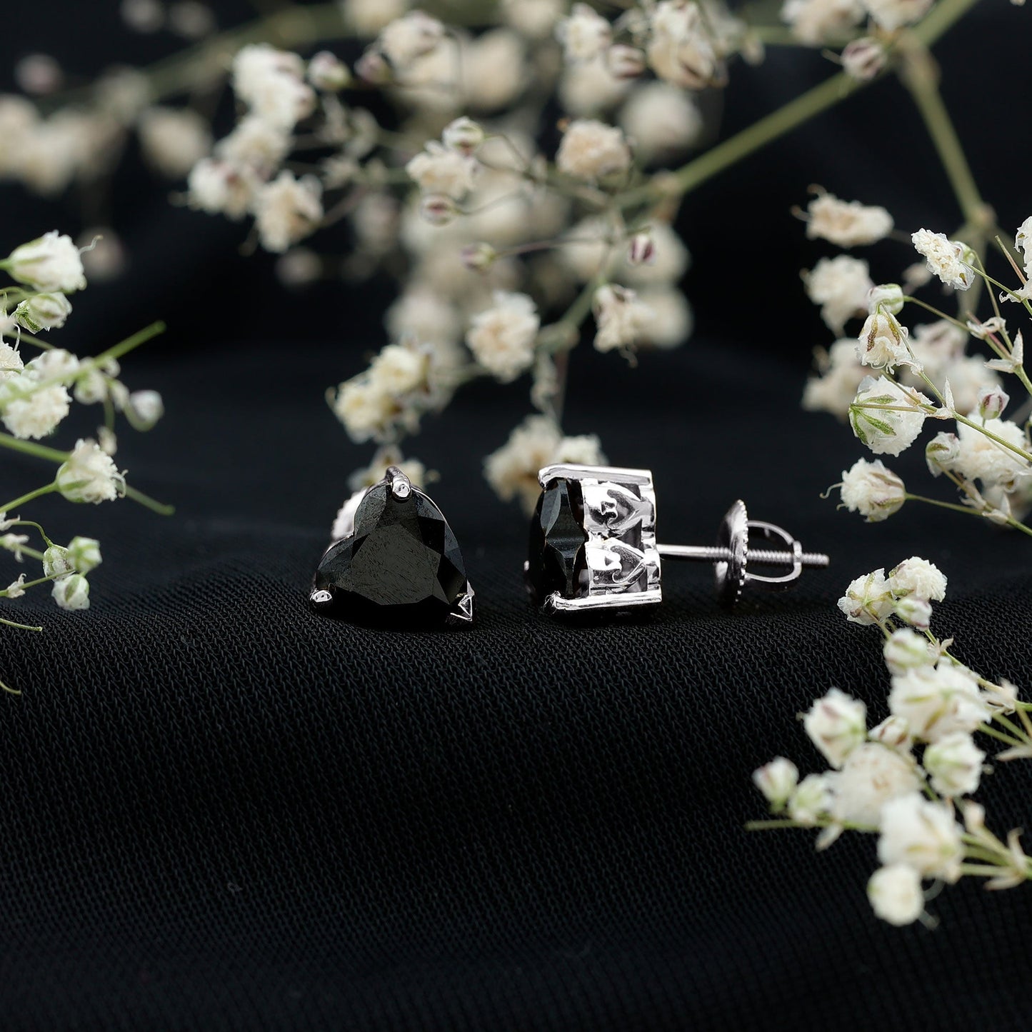 4.2 Carat Heart Shape Black Onyx Solitaire Stud Earrings in 3 Prong Setting