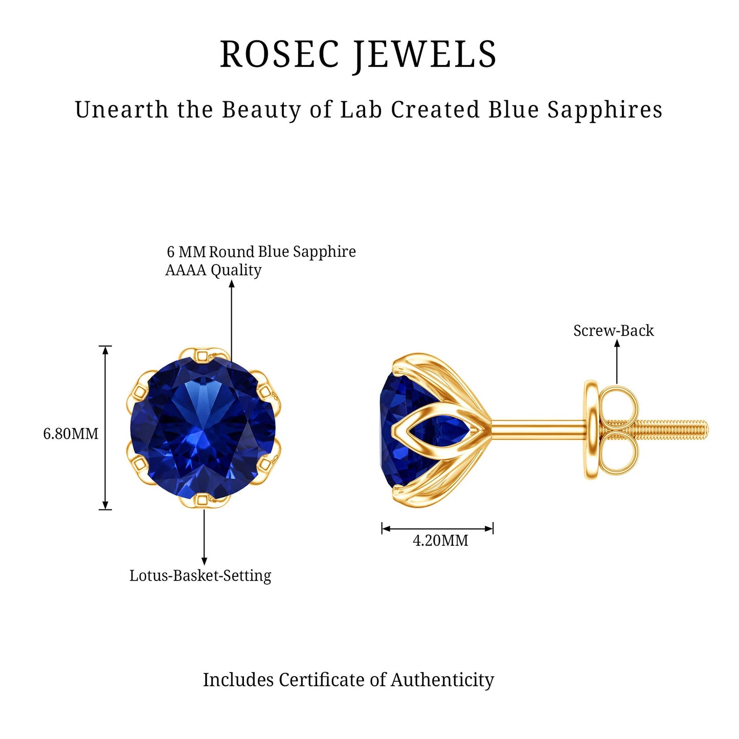 2 Carat Round Cut Lab Created Blue Sapphire Solitaire Stud Earrings