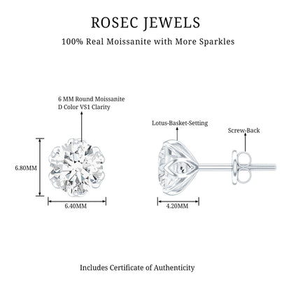 Moissanite Solitaire Stud Earrings in Lotus Basket Setting