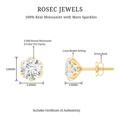 Moissanite Solitaire Stud Earrings in Lotus Basket Setting