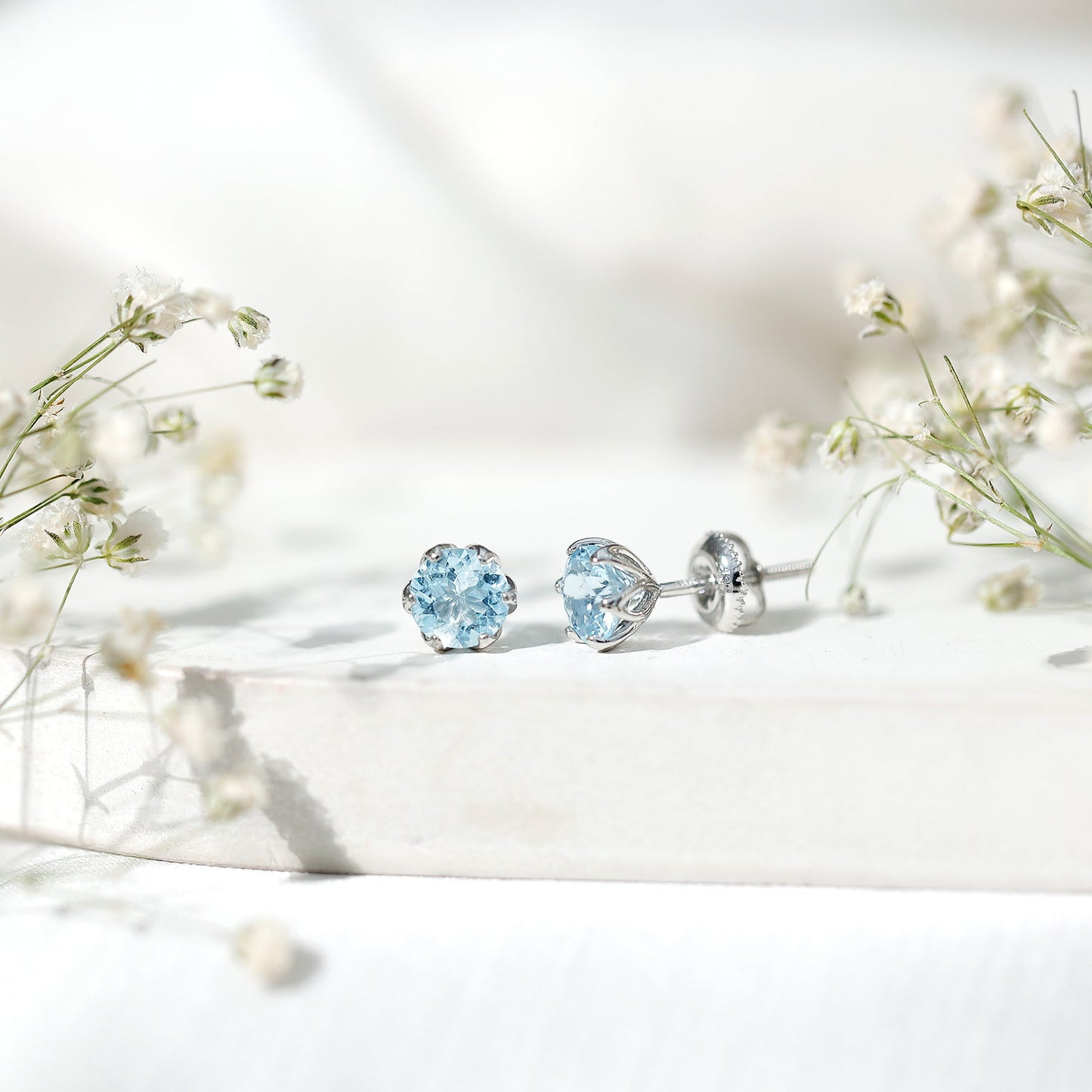 Lotus Basket Set Aquamarine Stud Earrings for Her