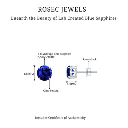 Certified Lab Created Blue Sapphire Stud Earrings in Claw Setting