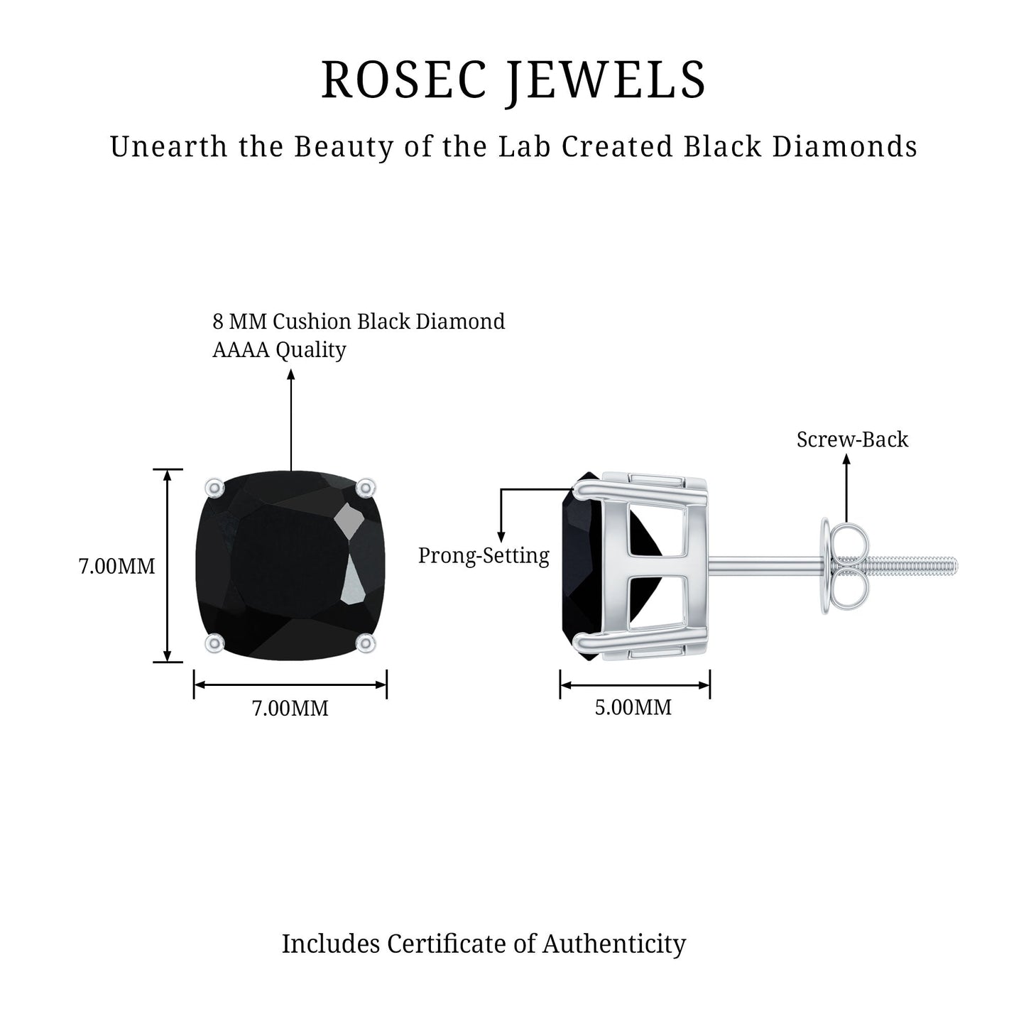 5.6 Carat Cushion Cut Created Black Diamond Stud Earrings