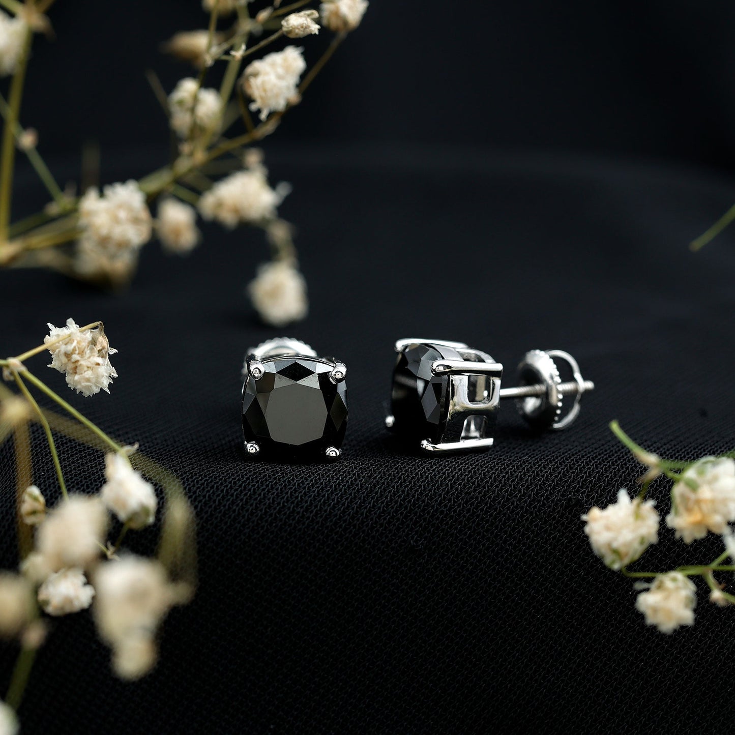 5.6 Carat Cushion Cut Created Black Diamond Stud Earrings