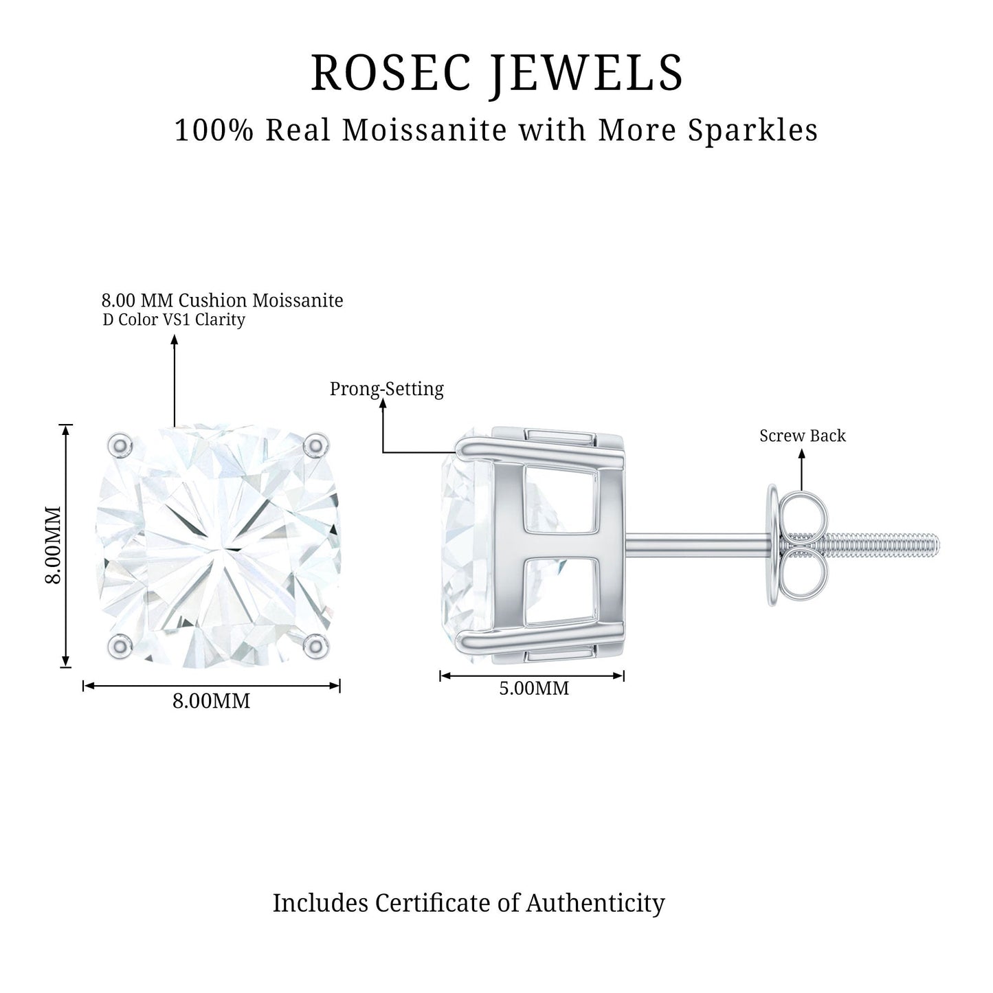 Certified 6.3 Carat Cushion Cut Moissanite Stud Earrings