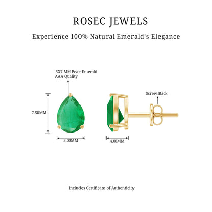1.3 Carat Pear Cut Emerald Solitaire Stud Earrings