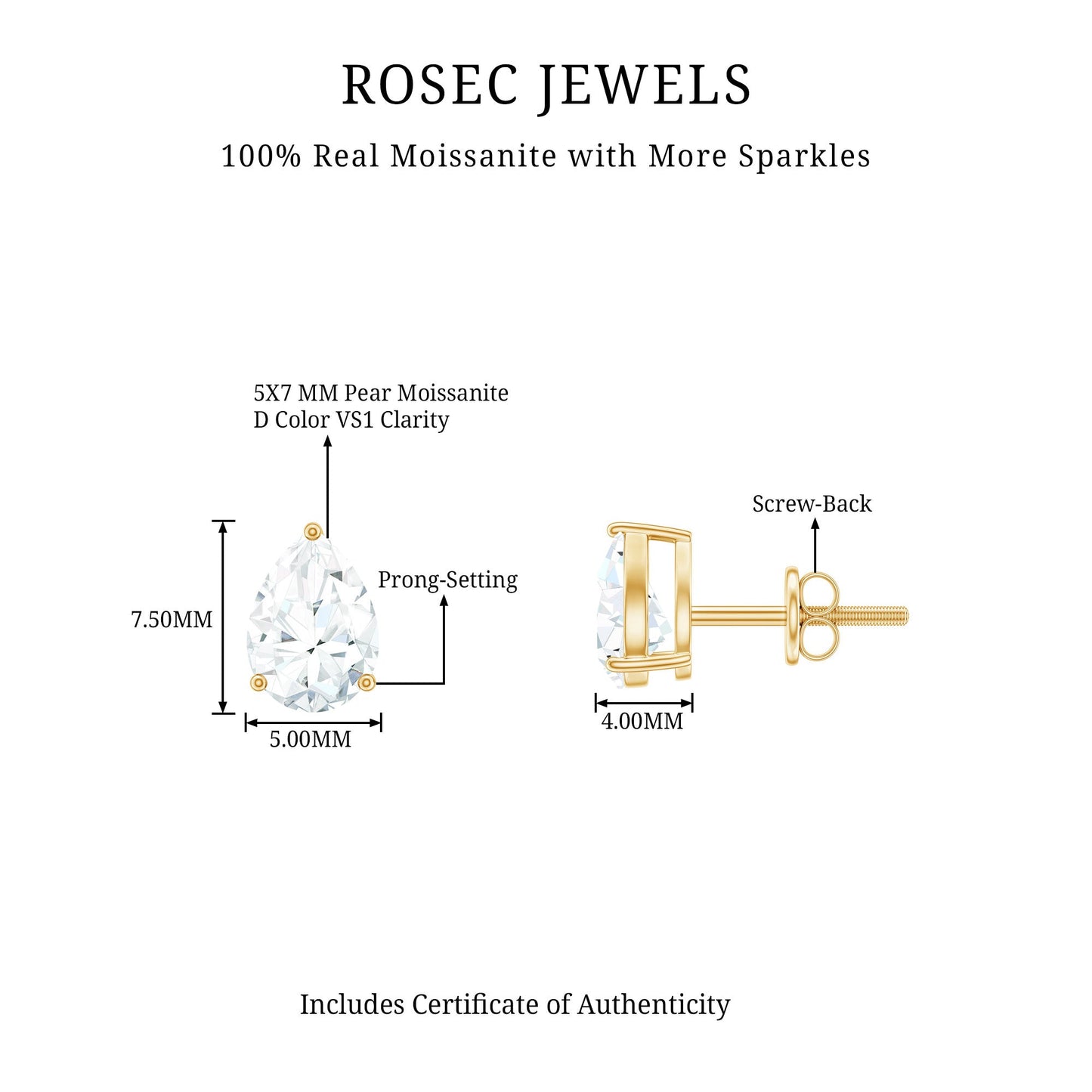 1.5 Carat Pear Cut Moissanite Teardrop Stud Earrings