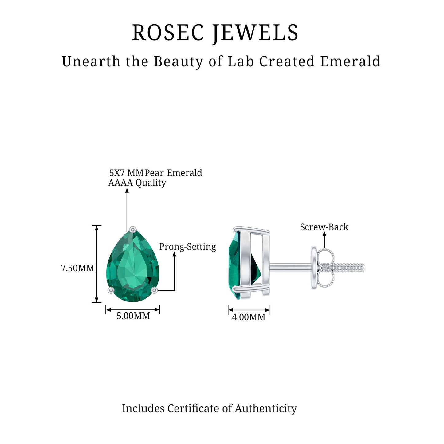 Pear Cut 1.4 Carat Lab Grown Emerald Teardrop Earrings in 3 Prong Setting