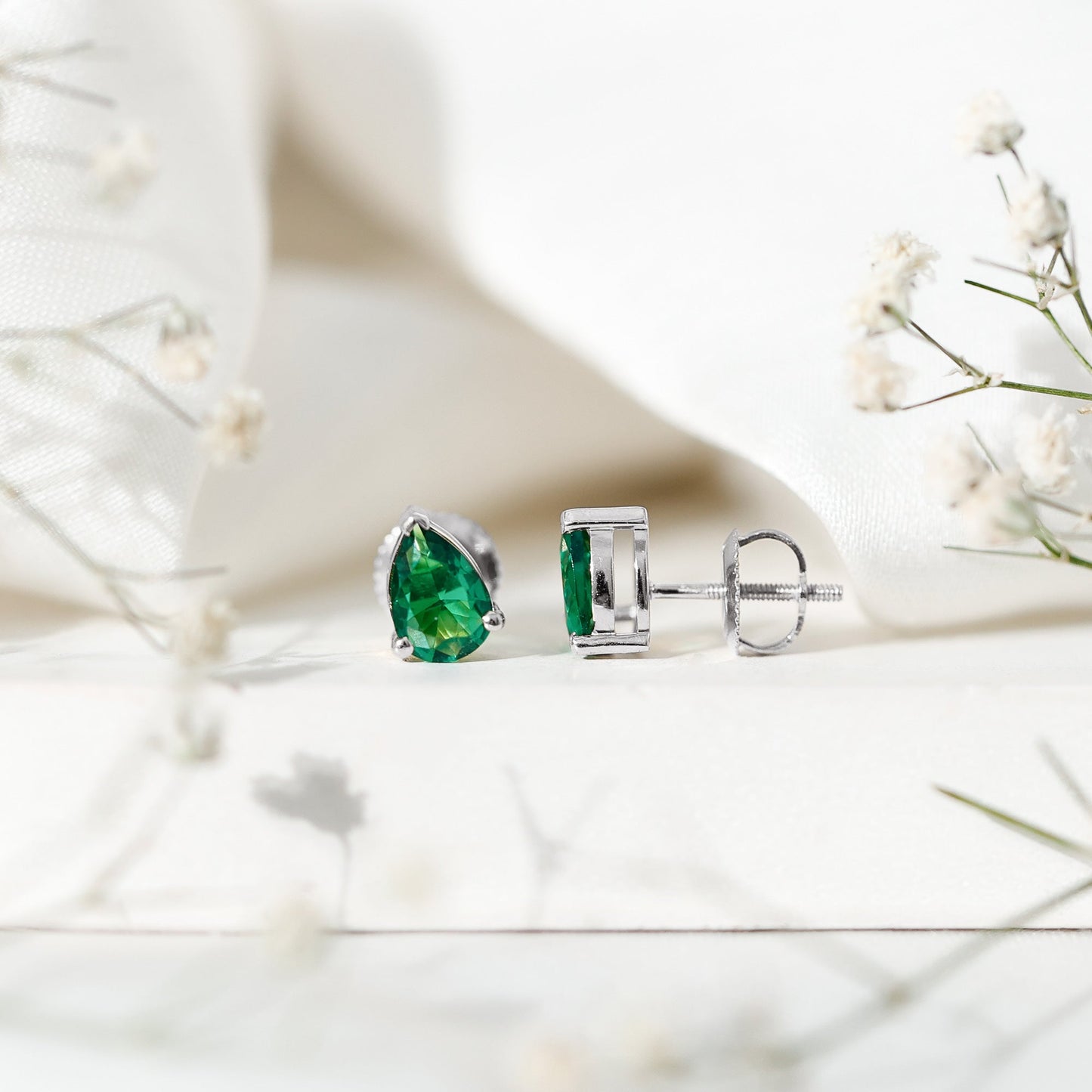 Pear Cut 1.4 Carat Lab Grown Emerald Teardrop Earrings in 3 Prong Setting