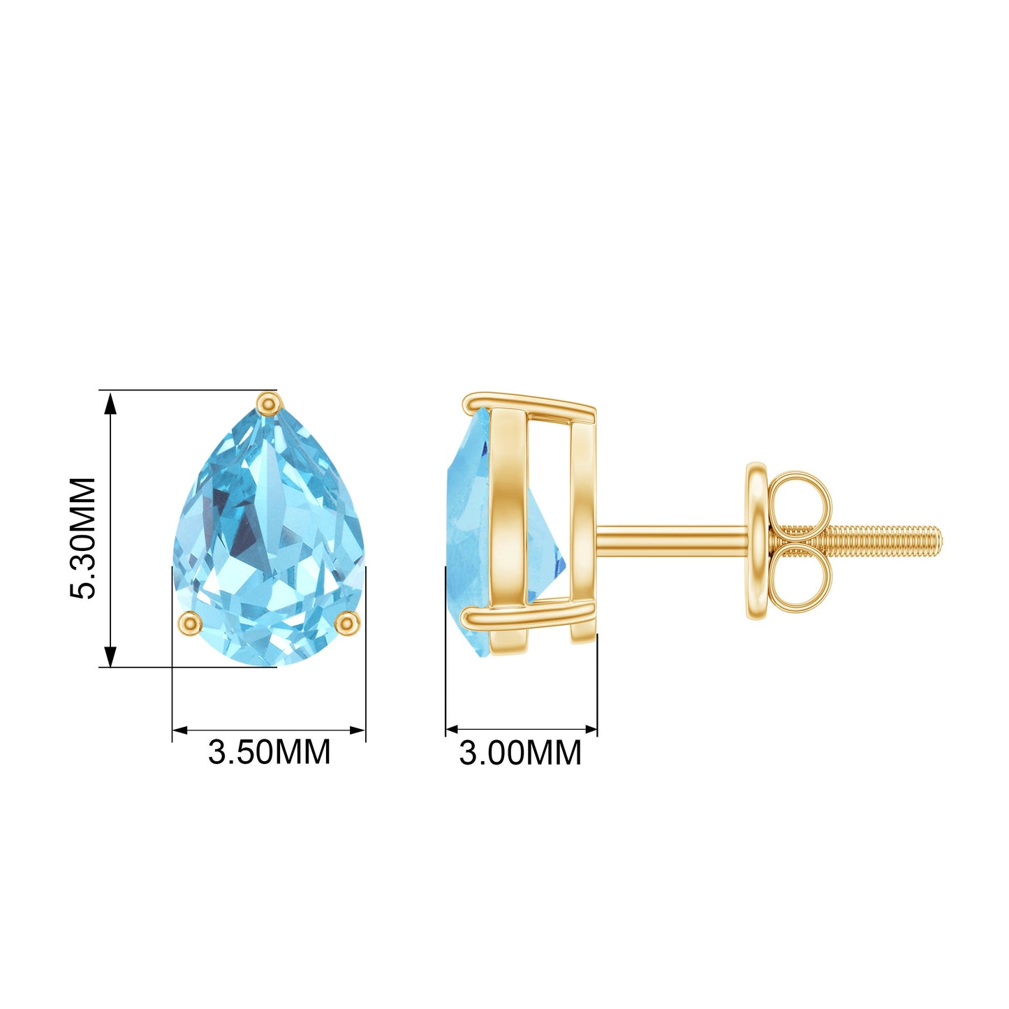 Natural Pear Shape Aquamarine Stud Earrings with Screw Back