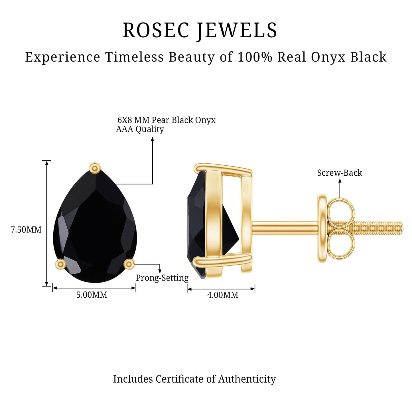 2 Carat Pear Shape Black Onyx Solitaire Stud Earrings