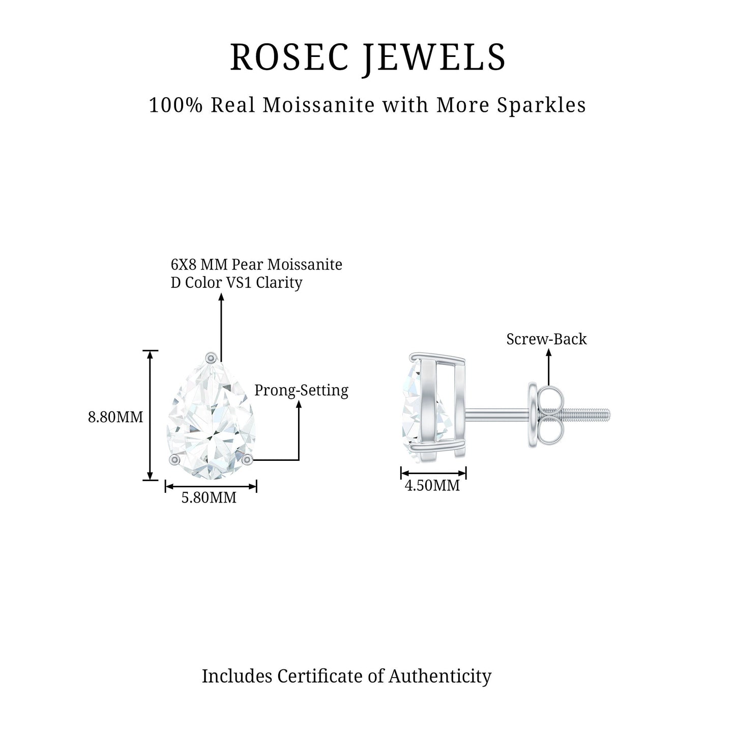 Solitaire Pear Cut Moissanite Stud Earrings