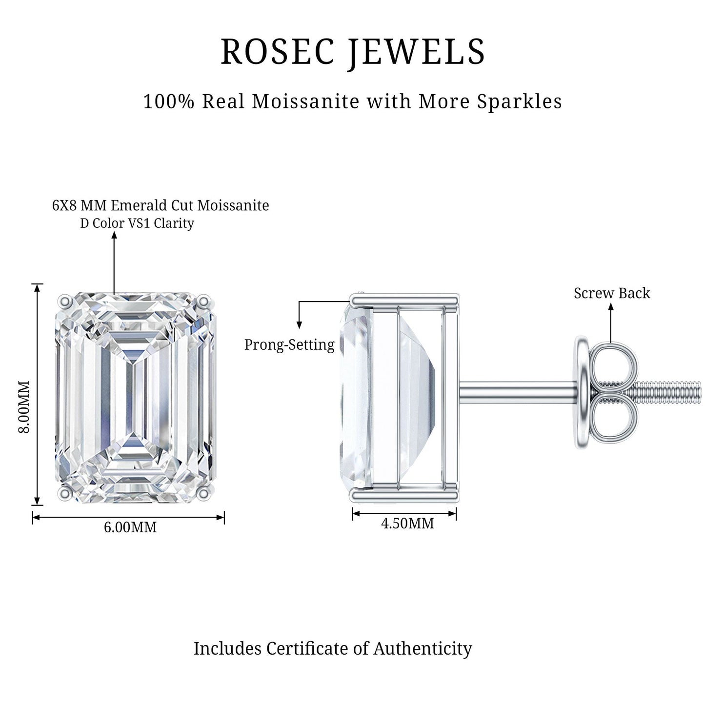 Certified 3.7 Carat Moissanite Emerald Cut Stud Earrings