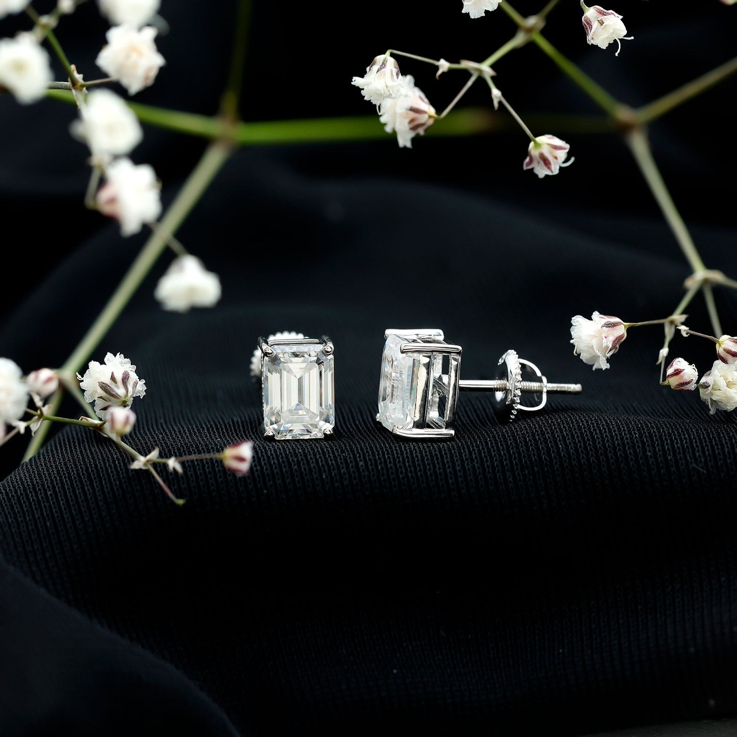 Certified Moissanite Emerald Cut Stud Earrings For Women