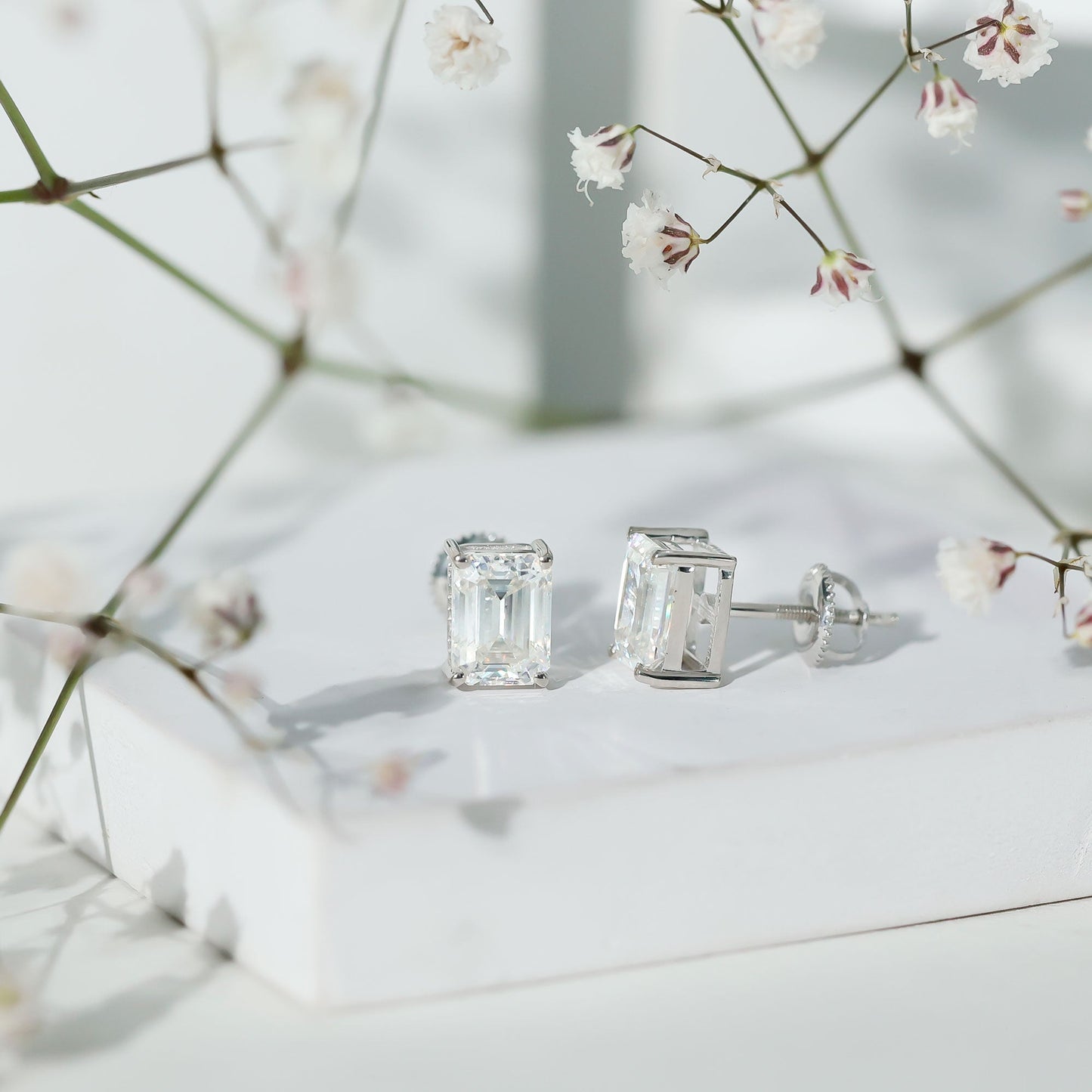Certified Moissanite Emerald Cut Stud Earrings For Women