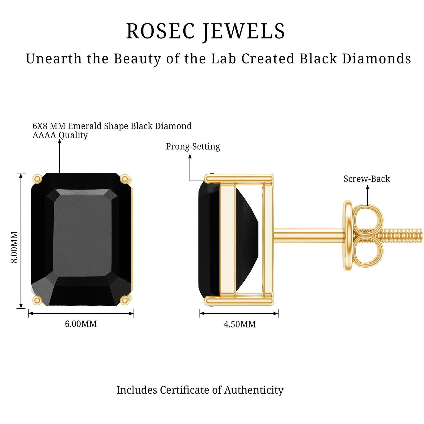 3.36 Carat Lab Created Black Diamond Emerald Cut Stud Earrings